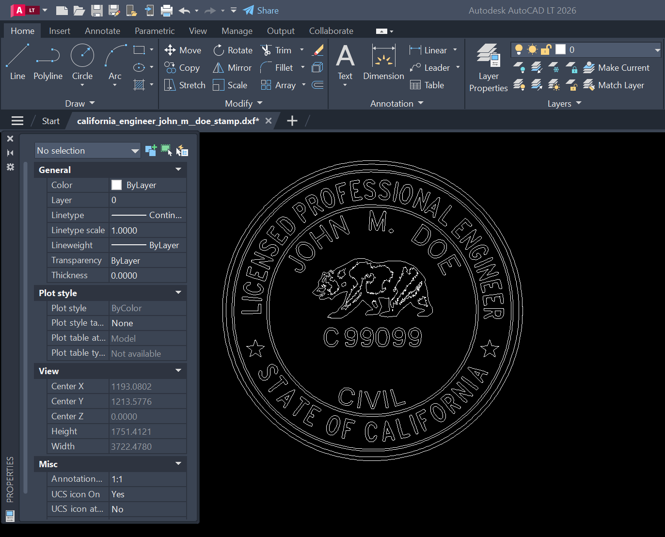 California PE stamp DXF opened in AutoCAD