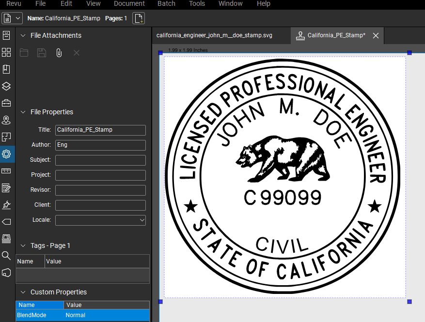 California PE stamp applied to a PDF drawing in Bluebeam Revu